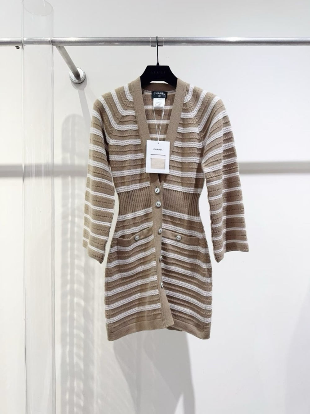 CHANEL Beige and White Striped Long Knit Cardigan Dress
